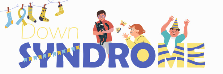 Children with down syndrome, capabilities, skills, abilities. Flat vector illustration. Horizontal banner, text composition.