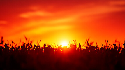 Fototapeta premium Silhouettes of a crowd of people celebrating against a vibrant sunset sky. AI generated