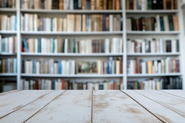white The empty wooden table top with blur background of bookcase. Exuberant image with generative ai