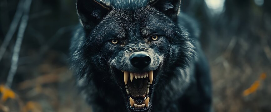 Close-up of a black wolf snarling with its teeth bared, revealing a powerful and fierce expression.