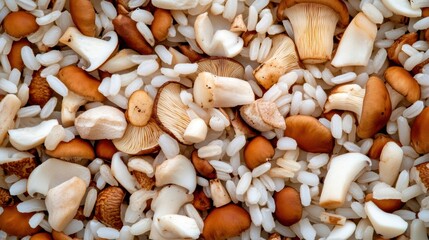 Obraz premium A pile of mushrooms and rice are mixed together, AI