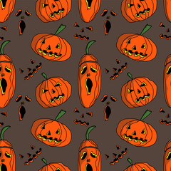 Seamless abstract pattern with  pumpkins, scary faces. Orange, black, brown. Vector. Halloween. Design for textile fabrics, wrapping paper, background, wallpaper, cover.