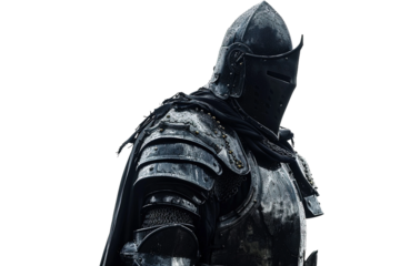 Black knight in armor isolated on clear white background in HD showcasing medieval warrior