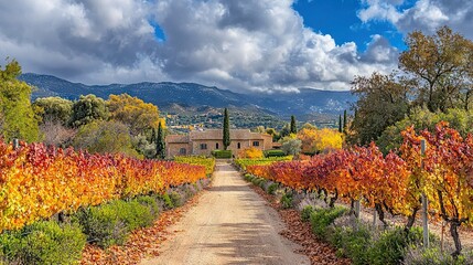 Fototapeta premium A dirt road lined with trees and bushes leads to a distant house