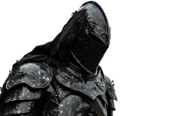 Black knight with sword and shield isolated on clear white background in HD