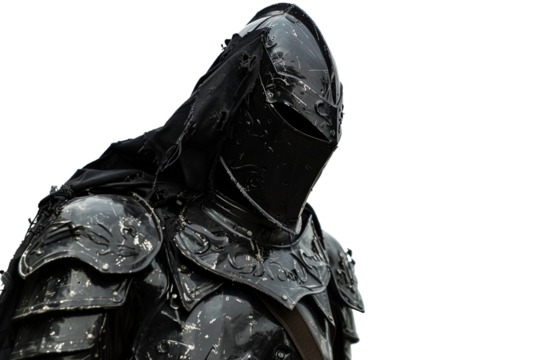 Black knight with sword and shield isolated on clear white background in HD