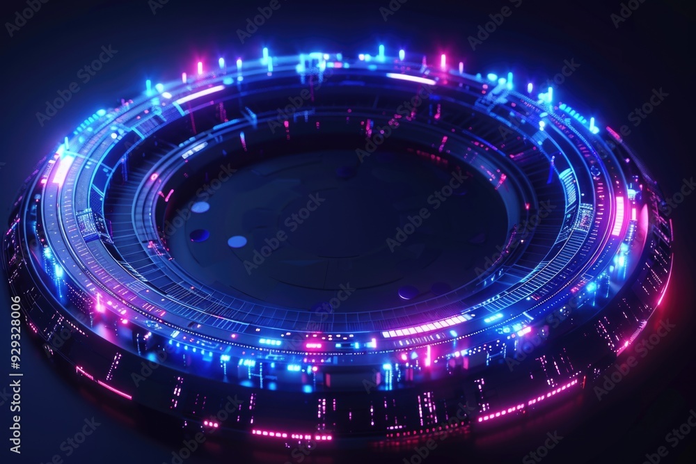 Poster a futuristic design featuring a circular structure with many lights, potentially used for architectu