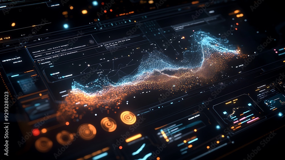 Poster a digital interface with holographic screens and floating data streams