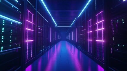 Fototapeta premium Glowing Data Center Server Room with LED Lights - Low Angle Technology View