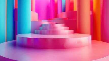 Colorful geometric staircase in a vibrant abstract space