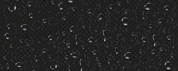 Rain transparent drops flow down the glass.Realistic wet condensation texture.Fresh water splash effect on the surface.Liquid spreading droplet shapes.