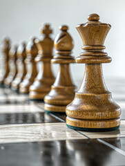 Fototapeta premium Chess pieces lined up on a chessboard, ready for game.