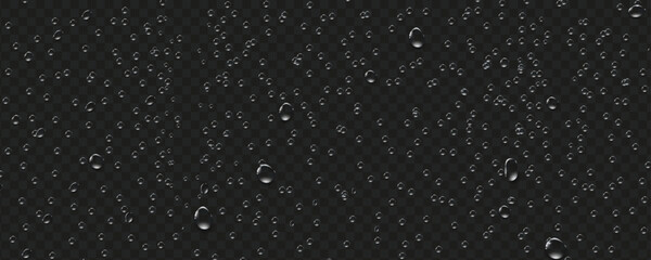Rain transparent drops flow down the glass.Realistic wet condensation texture.Fresh water splash effect on the surface.Liquid spreading droplet shapes.
