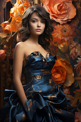 Fototapeta premium Elegant Woman in a Stunning Blue Gown in an Artistic Setting 