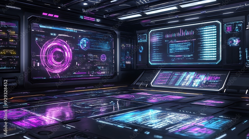 Poster a digital interface with holographic screens and floating data streams