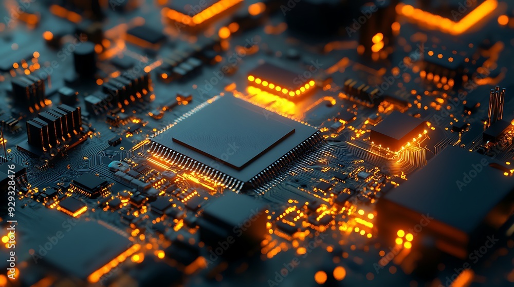 Poster close-up of a computer motherboard with a glowing cpu.