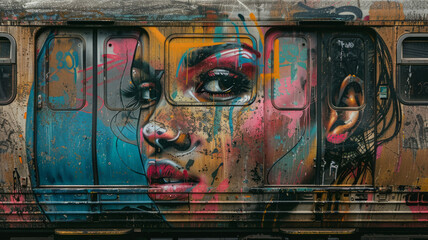 Colorful graffiti mural of a woman's face on a subway car.