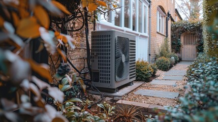 Backyard heat pump installation beside a garden pathway in autumn