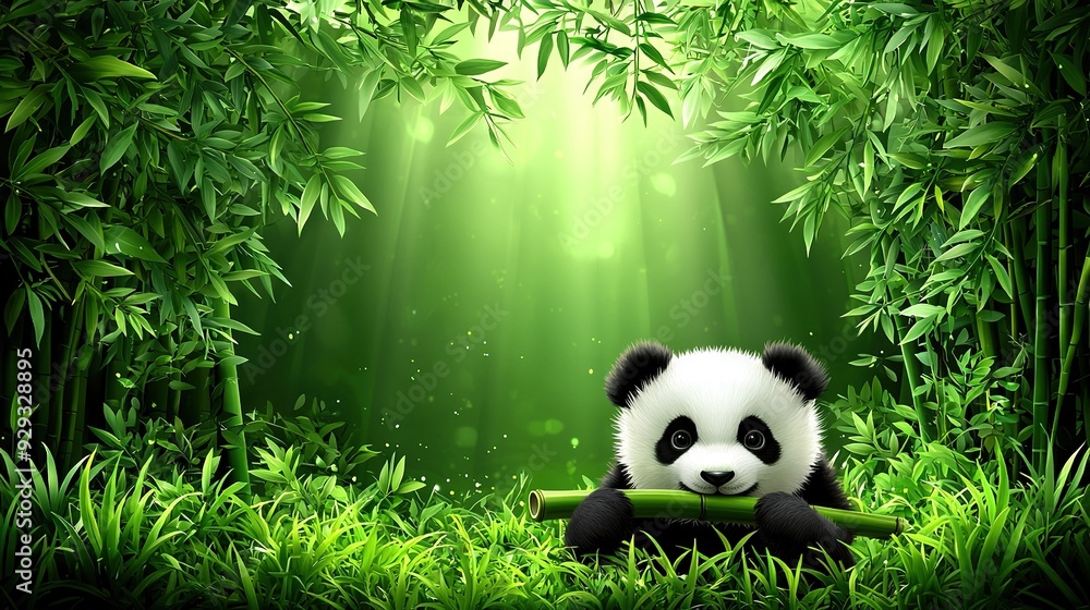 Poster   A panda bear sits in a lush green forest surrounded by bamboo trees and sunlight filtering through the leaves