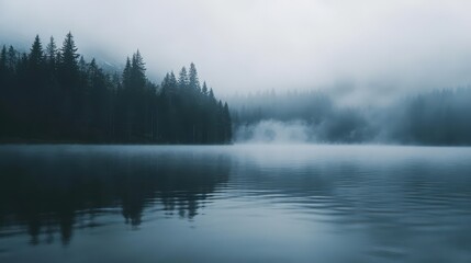 Fototapeta premium A serene lake surrounded by misty forests, reflecting a tranquil atmosphere.