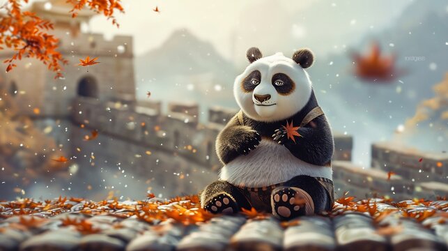 A Cute Panda Sitting on a Roof with Falling Autumn Leaves - Powered by Adobe