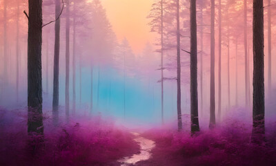 Fototapeta premium colorful purple soft fog in the forest