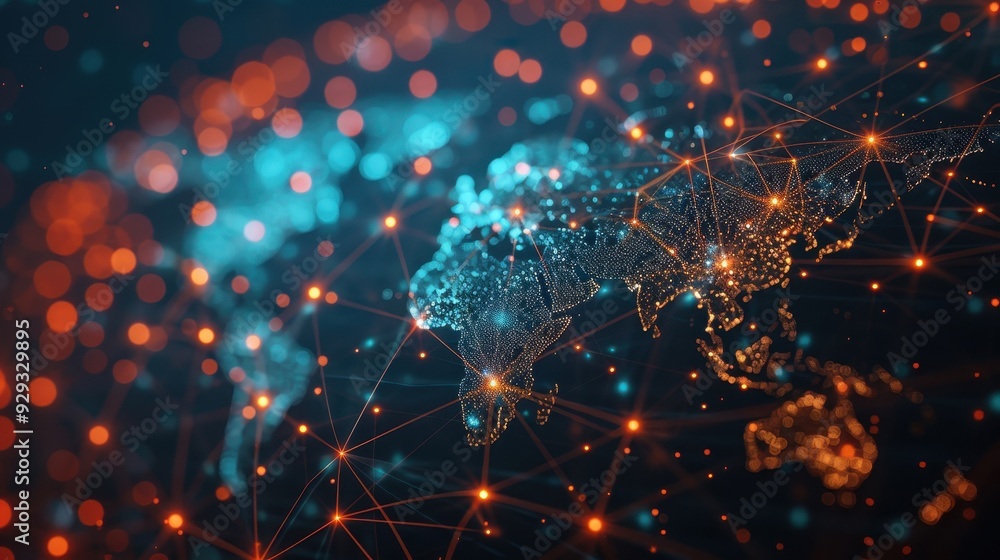 Poster visual representation of a connected world at night with illuminated cities and network lines