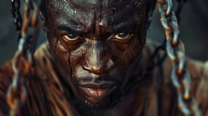 Close-up of a man with chains, glistening skin, and an intense look in dramatic light