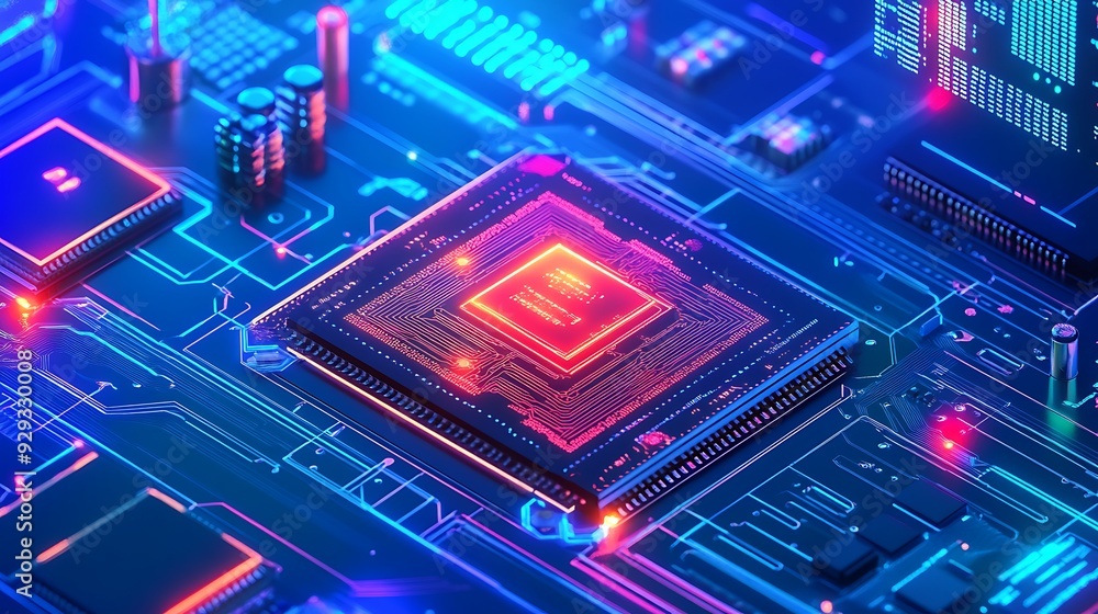 Poster close-up of a glowing red and blue circuit board with a cpu in the center.