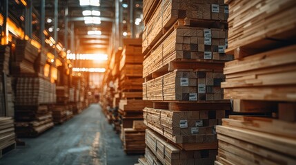 Obraz premium Stacks of lumber neatly organized in a storage area