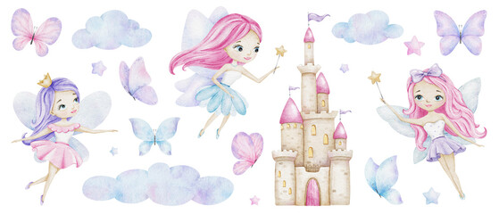 Set of Cute little fairies with a magic wands, fairy tale castle for princess, butterflies, clouds, stars. Isolated hand drawn watercolor illustration For kid's goods baby shower, children's room