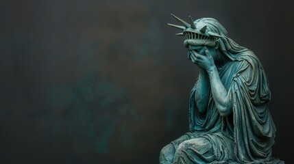 Sad statue resembling Liberty with hands covering face on dark background