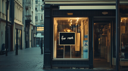 A store window displays a for rent sign in a pedestrian area as evening light illuminates the surroundings, reference to the economic challenges of modern city centers