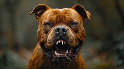A brown dog showing its teeth while posing outdoors in a forest setting