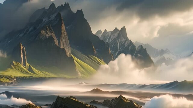 Icelandic landscape with mountains and fjord. 3d rendering, Majestic summer scene of Stokksnes headland with Vestrahorn Batman Mountain in the background