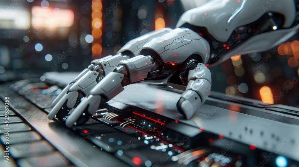 Poster robotic hand interacting with a futuristic keyboard in a high-tech environment