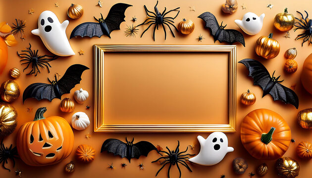 frame featuring party decorations like pumpkins bats ghosts spiders golden backdrop ideal festive greeting card