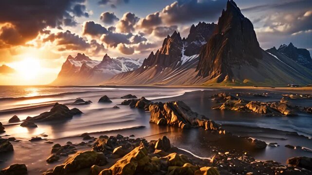 Beautiful landscape of Vestrahorn mountain, Iceland, Europe, Majestic summer scene of Stokksnes headland with Vestrahorn Batman Mountain in the background