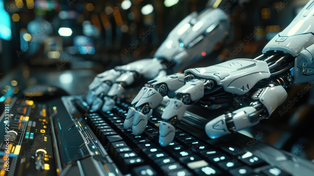 Poster robotic hands typing on a futuristic keyboard in a high-tech environment