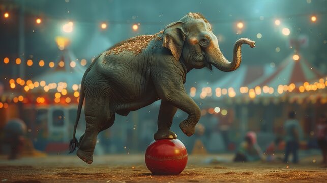 Elephant balancing on a ball at a circus during the evening