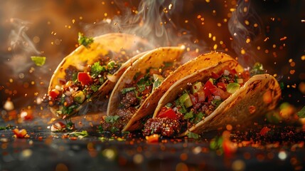 Delicious beef tacos filled with fresh toppings served on a dark table with smoky background
