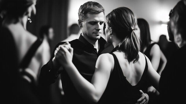 Couple is intensely dancing the tango surrounded by other dancers in the milonga