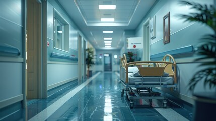 Obraz premium Hospital corridor with empty patient bed in the early morning