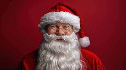 Santa Claus showcases joyful spirit with a bright red background during the holiday season