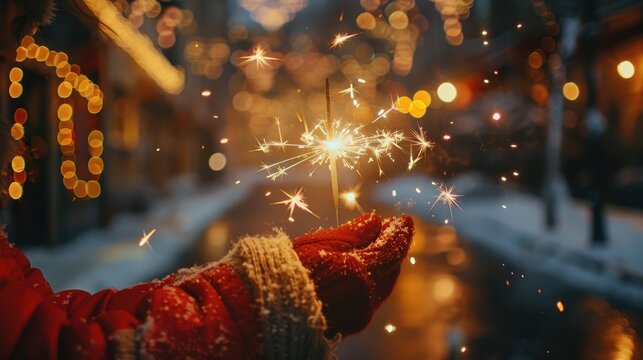 Celebrating winter festivities with sparklers in a cozy street illuminated by lights