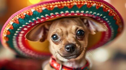 Cute dog wearing a colorful sombrero indoors during a festive gathering