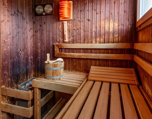 Sauna spa. Seat in sauna room. Sauna room with stone heater for good health.