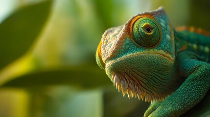 Close-up of a vibrant green chameleon with a yellow eye.