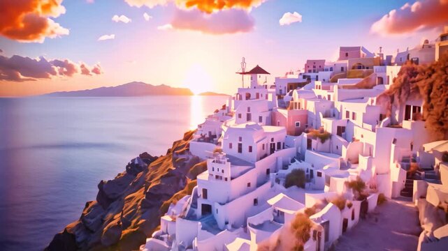 Santorini, Greece. Picturesque view of Oia village at sunset. Beauty world, Oia at sunset in Santorini, Greece
