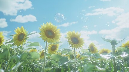 Fototapeta premium Sunflowers under blue sky with soap bubbles in center